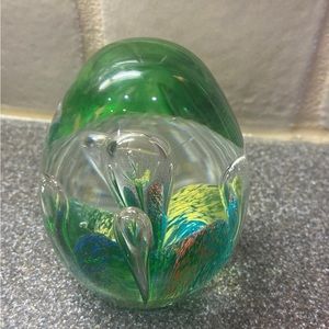 Hand Blown Murano Deep Sea mostly clear with green, blue  Paper Weight.